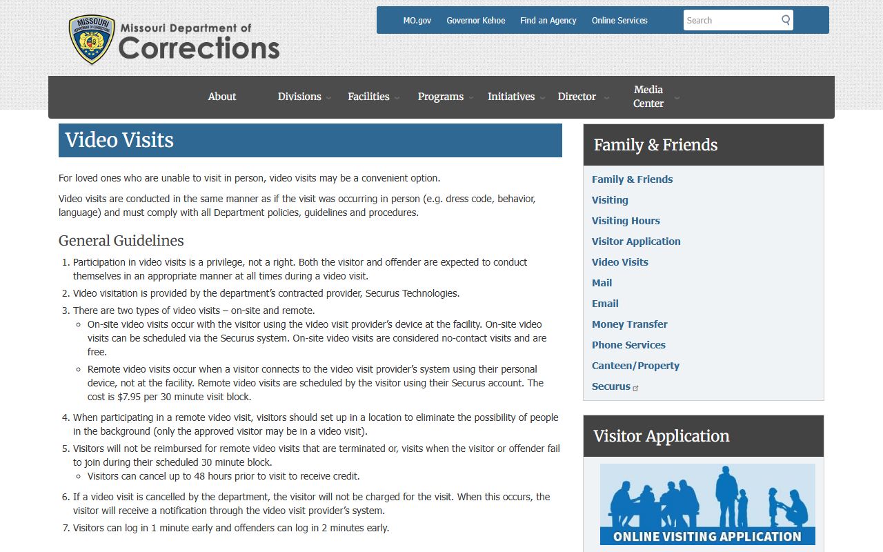 Moberly Correctional Center video visit rules and fees